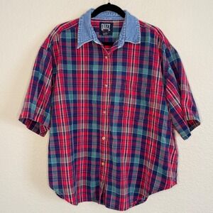 Vintage Womens 22 Plaid Denim Collar Country Top Granola Rodeo Cottage Cabin